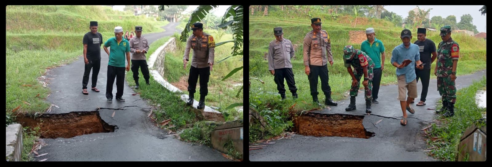 Polsek Nanggung Bersama Instansi Terkait Lakukan Pengecekan Adanya Laporan Bencana Alam Tanah Longsor / jembatan amblas Dampak Intensitas Hujan Tinggi di Wilayah Desa Hambaro kec Nanggung Kab Bogor