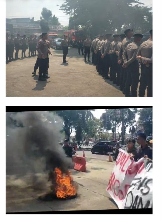 Polsek Cibinong kawal adanya aksi unjuk rasa mahasiswa dikantor dinas pemadam kebakaran kabupaten Bogor berjalan kondusif.