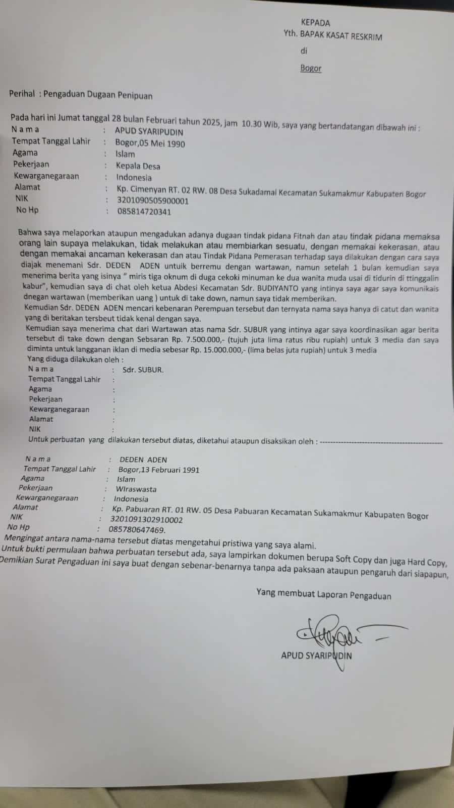 Kepolisian Polres Bogor Terima Laporan Kades Pabuaran