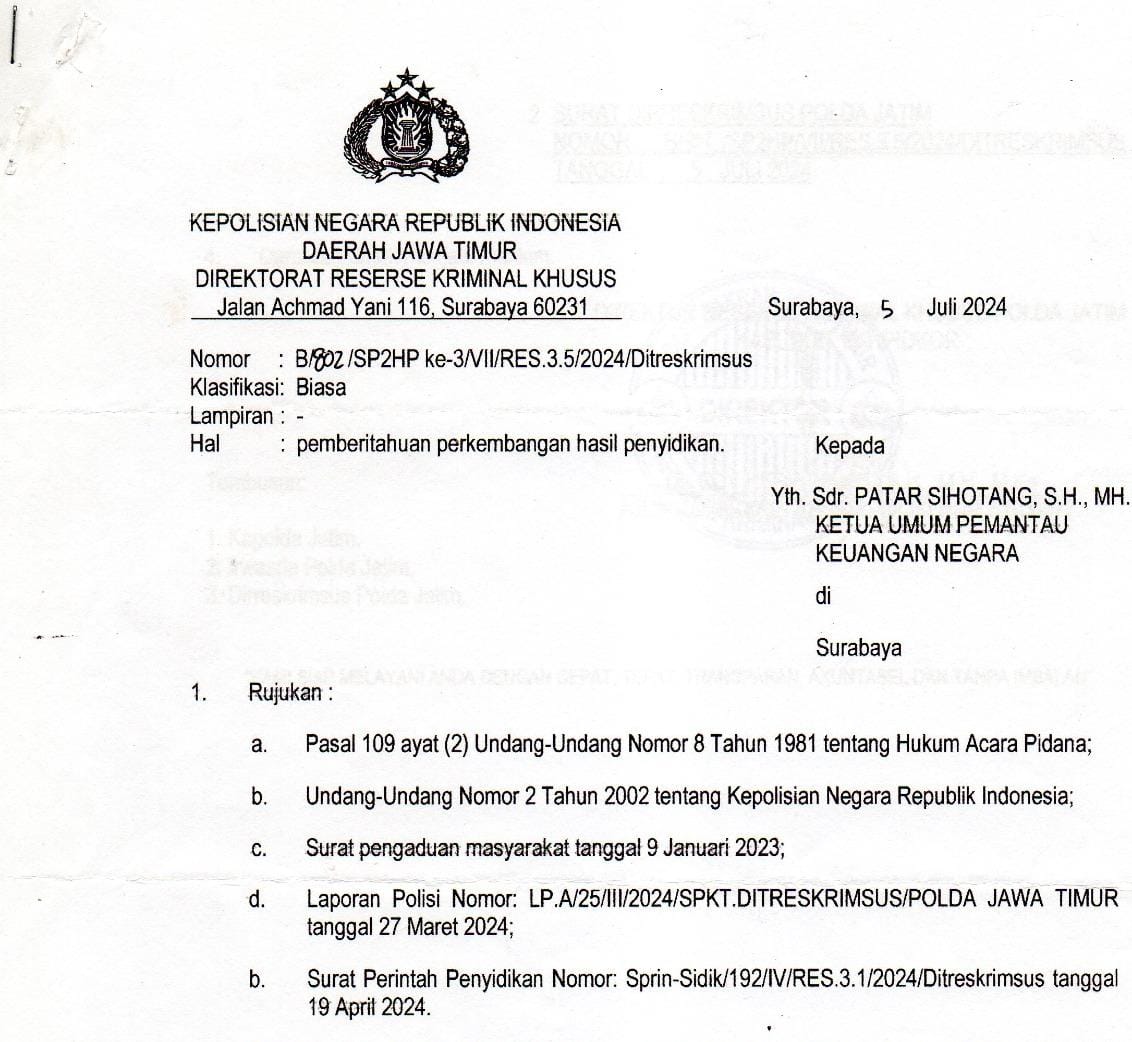 PKN Berikan Apresiasi Kepada Kapolda dan Dirkrimsus Polda Jawa Timur yang Telah Menahan 2 Pelaku Dugaan Korupsi Pembangunan Jembatan