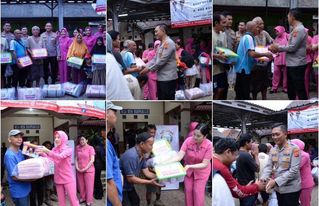 Pemberian Bansos Sembako Kapolres Bogor Beserta Jajaran Dan Ketua Bhayangkari Cabang Polres Bogor Kepada Korban Banjir Bandang Desa Bojong Kulur Kec.Gunung Putri Kab. Bogor, Kita Hadir Untuk Warga Masyarakat