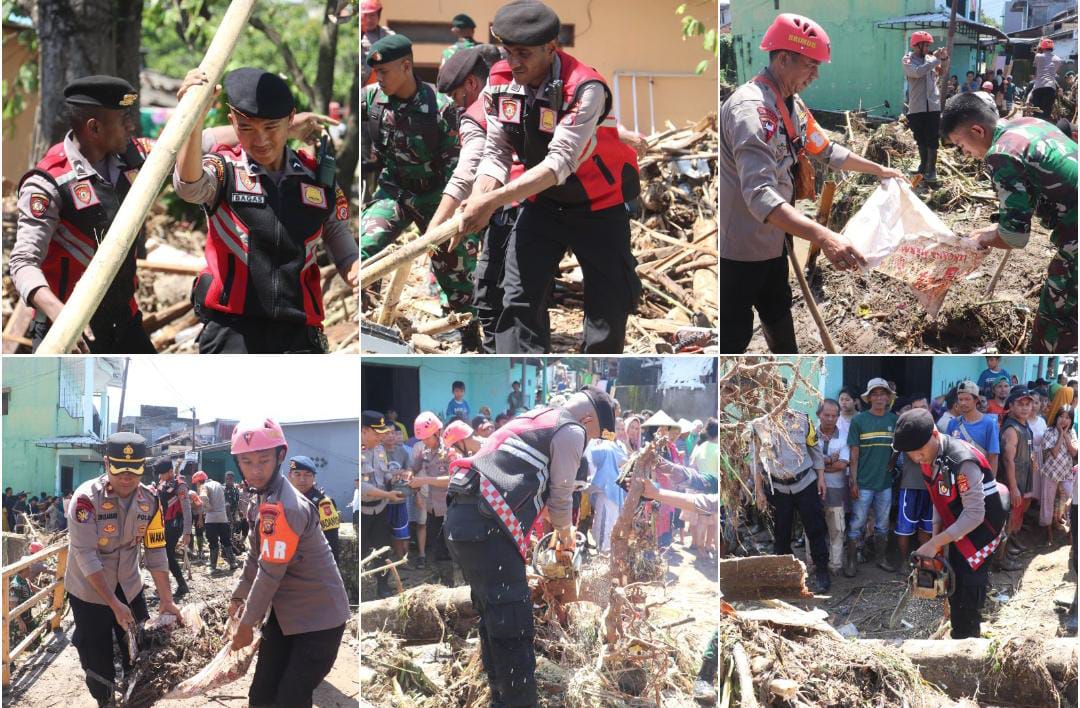 Sinergi Polres Sukabumi dan TNI Bersihkan Kp. Gumelar yang Terdampak Banjir