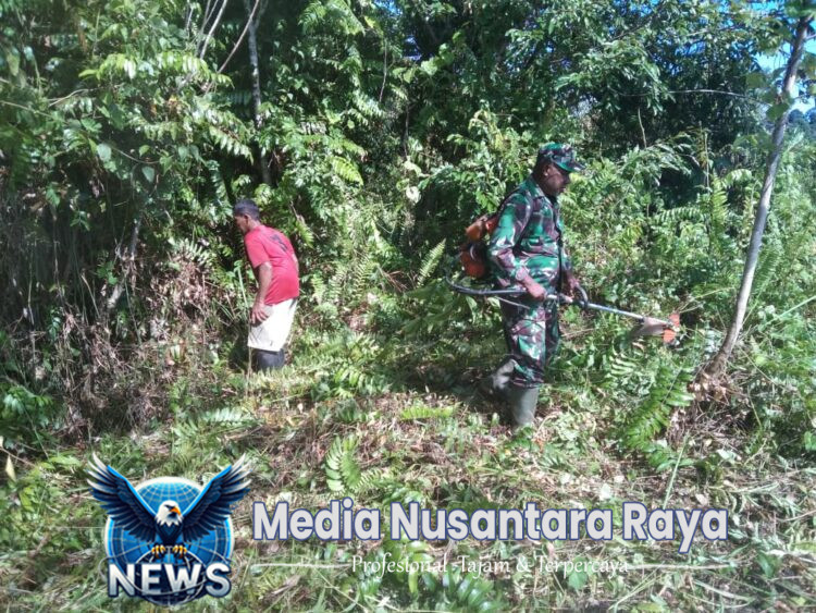 Babinsa koramil 1705-03/Kwatisore melaksanakan gotong royong membuka lahan warga di kampung wami jaya wilayah binaan 