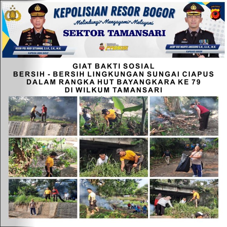 Polsek Tamansari Bersama Muspika Gelar Aksi Bersih Sungai Ciapus Sambut HUT Bhayangkara ke-79