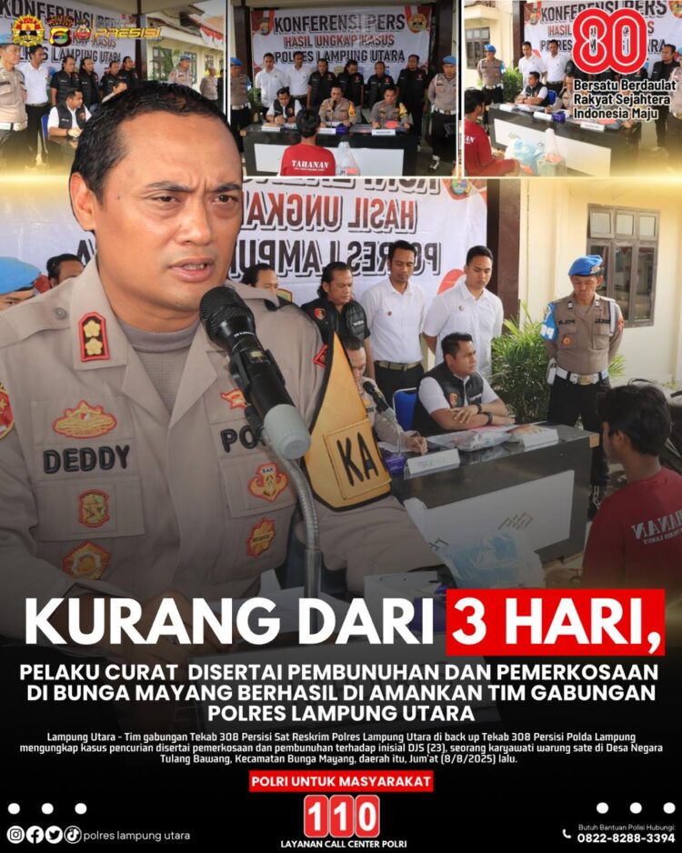 Kurang dari 3 Hari, Pelaku Curat Disertai Pembunuhan dan Pemerkosaan di Bunga Mayang Berhasil Diamakan Tim Gabungan Polres Lampung Utara