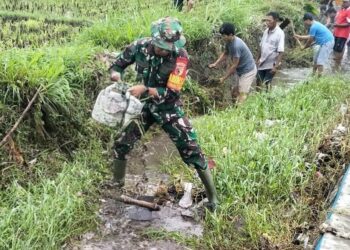 Dukung Sektor Pertanian, Babinsa Karang Tengah Bersama Warga Gotong Royong Bersihkan Irigasi