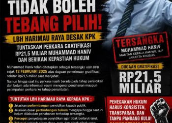 KEADILAN TIDAK BOLEH TEBANG PILIH! LBH HARIMAU RAYA DESAK KPK TUNTASKAN PERKARA GRATIFIKASI RP21,5 MILIAR MUHAMMAD HANIV DAN BERIKAN KEPASTIAN HUKUM