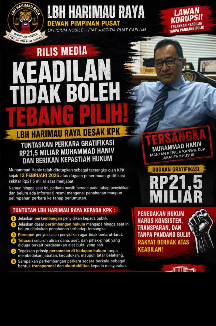 KEADILAN TIDAK BOLEH TEBANG PILIH! LBH HARIMAU RAYA DESAK KPK TUNTASKAN PERKARA GRATIFIKASI RP21,5 MILIAR MUHAMMAD HANIV DAN BERIKAN KEPASTIAN HUKUM